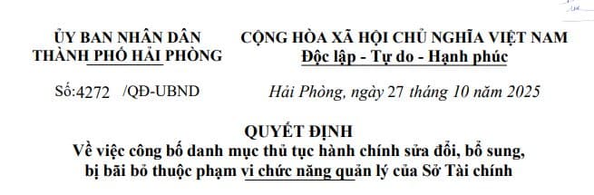 Quyết định về việc công bố danh mục thủ tục hành chính sửa đổi, bổ sung, bị bãi bỏ thuộc phạm vi chức năng quản lý của Sở Tài chính