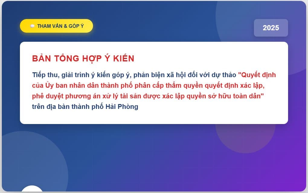 SUMMARY OF OPINIONS, ACCEPTANCE AND EXPLANATION OF OPINIONS AND SOCIAL RESPONSES TO THE DRAFT "Decision of the City People's Committee decentralizing the authority to decide on establishing and approving plans for handling assets whose ownership has been established by the entire people in Hai Phong city"